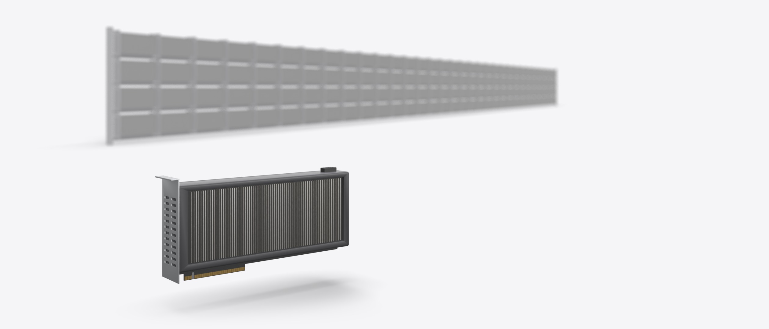 One GPU card in sharp focus. Behind it, out of focus, a wall of 128 GPU cards in 4 rows of 32.
