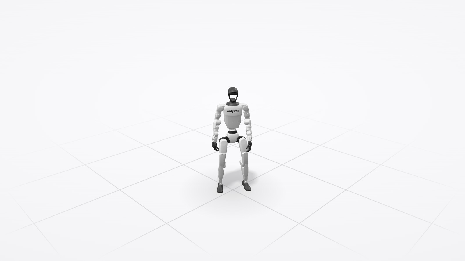 The G1 humanoid standing on a pale floor with a faint grid, as the demo first shows it.